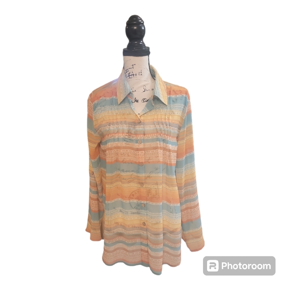 Multiples Womens Boho Beachy Tropical Aztec Sheer Button Front Top Size Small